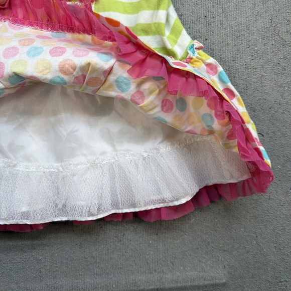 Peaches and Cream Baby Girl Cupcake Dress Green Stripe Polka Dot Flutter Sleeve - Picture 7 of 9